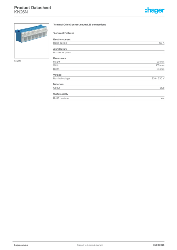 Image Hager Product data sheet KN26N  | Hager Australia