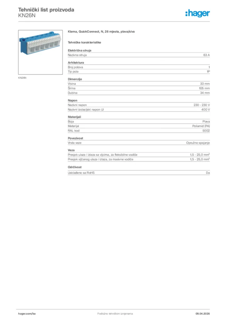 Slika Hager Tehnički list proizvoda KN26N  | Hager