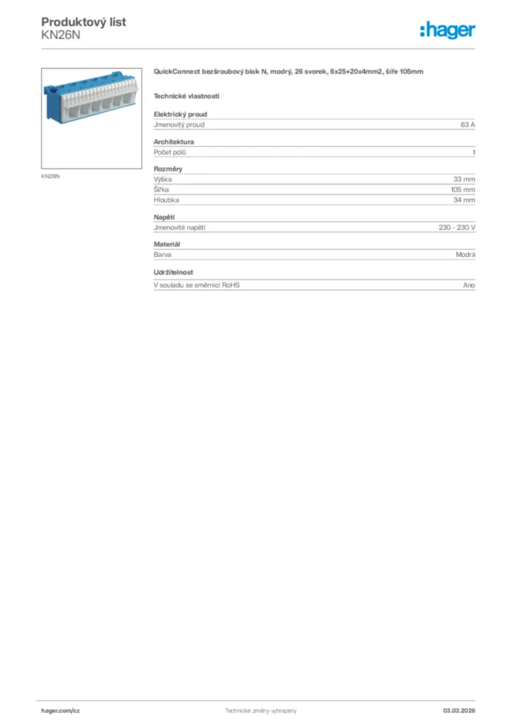 Obrázek Hager Product data sheet KN26N | Hager