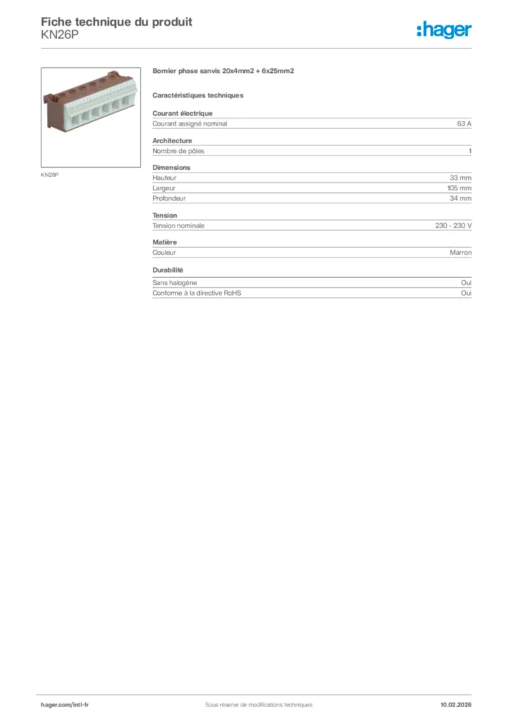 Image Hager Fiche technique du produit KN26P | Hager Afrique