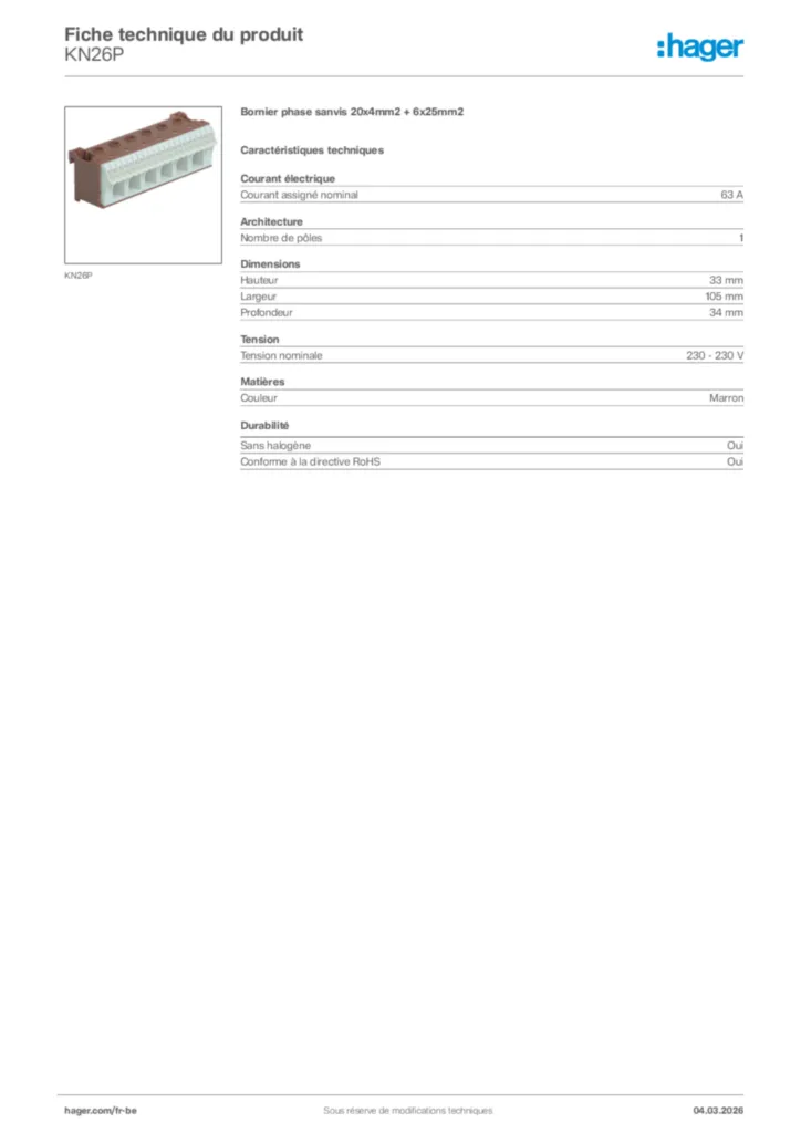 Image Hager Fiche technique du produit KN26P | Hager Belgique