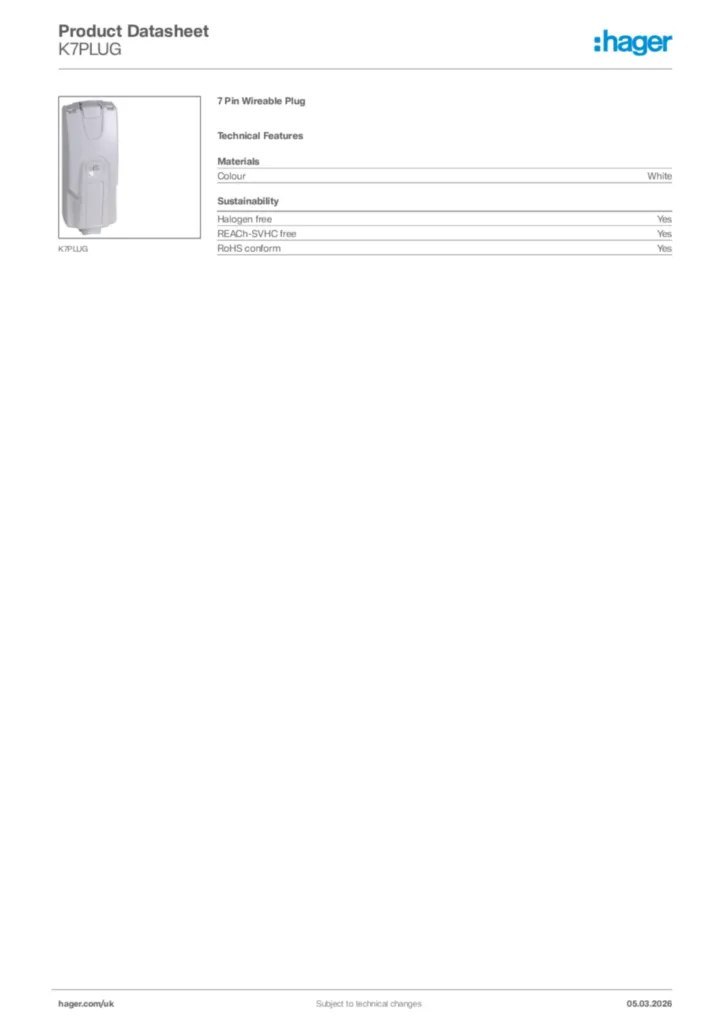 Image Hager Product data sheet K7PLUG  | Hager