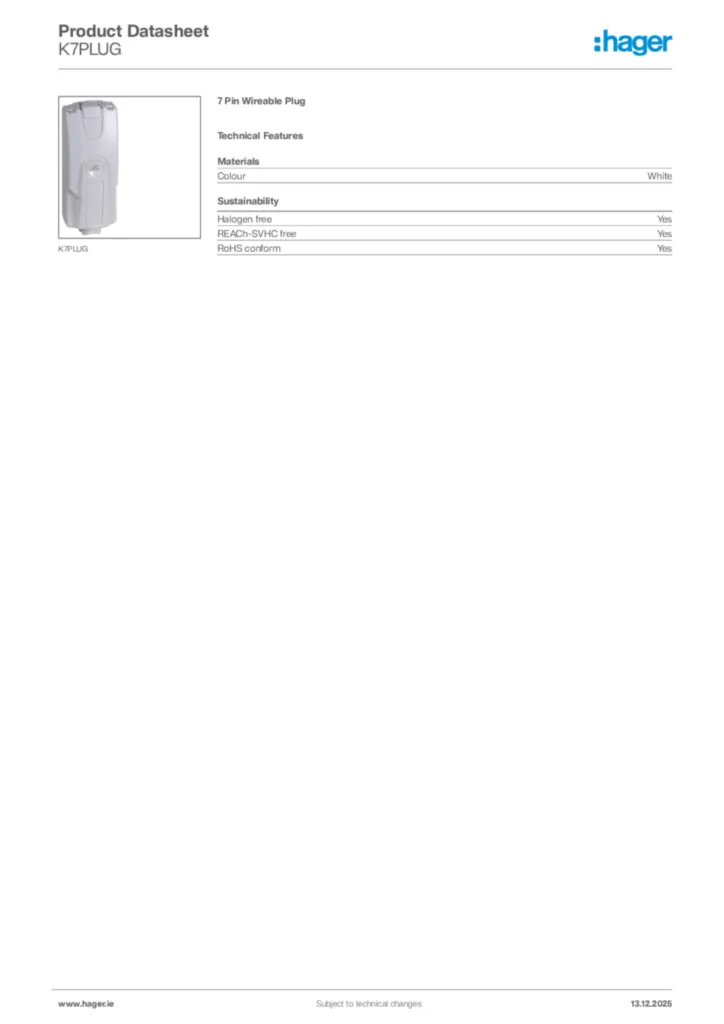 Image Hager Product data sheet K7PLUG  | Hager