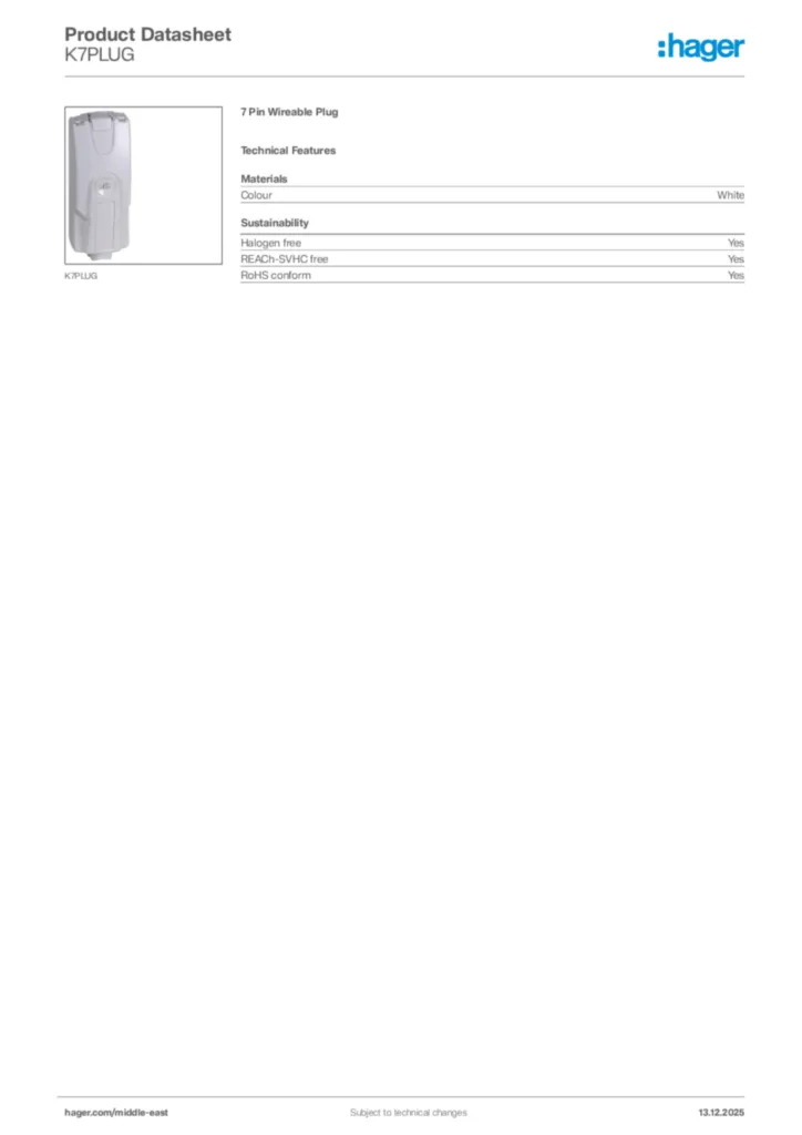 Image Hager Product data sheet K7PLUG  | Hager