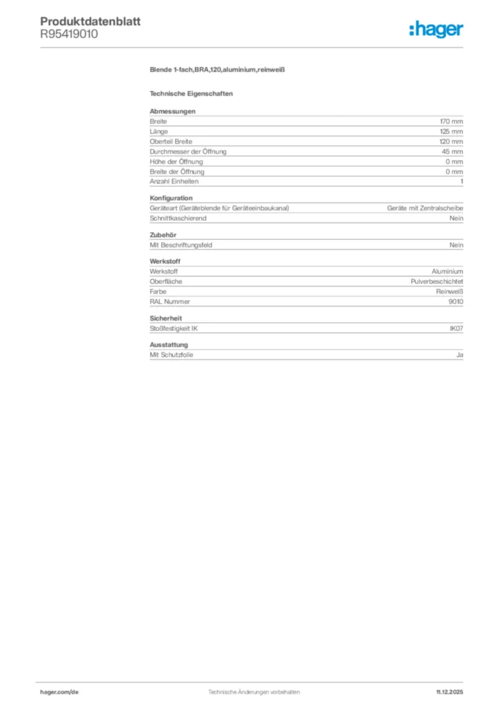 Bild Hager Produktdatenblatt R95419010 | Hager Deutschland