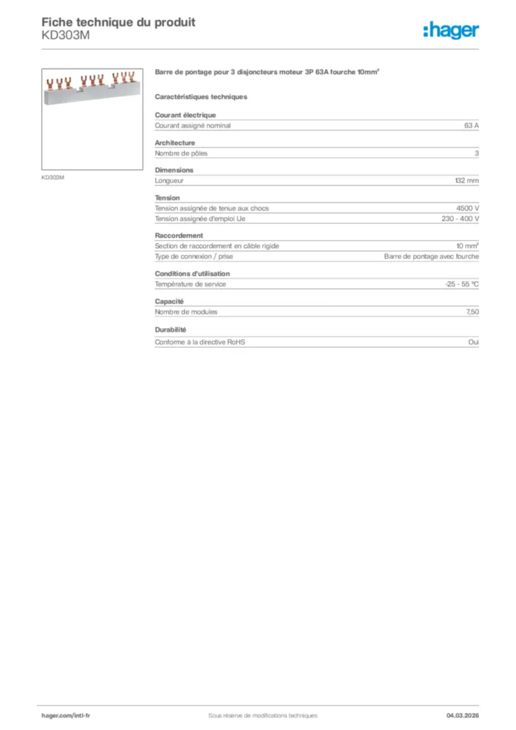 Image Hager Fiche technique du produit KD303M | Hager Afrique