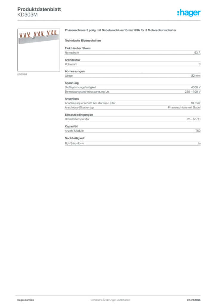 Hager Produktdatenblatt KD303M