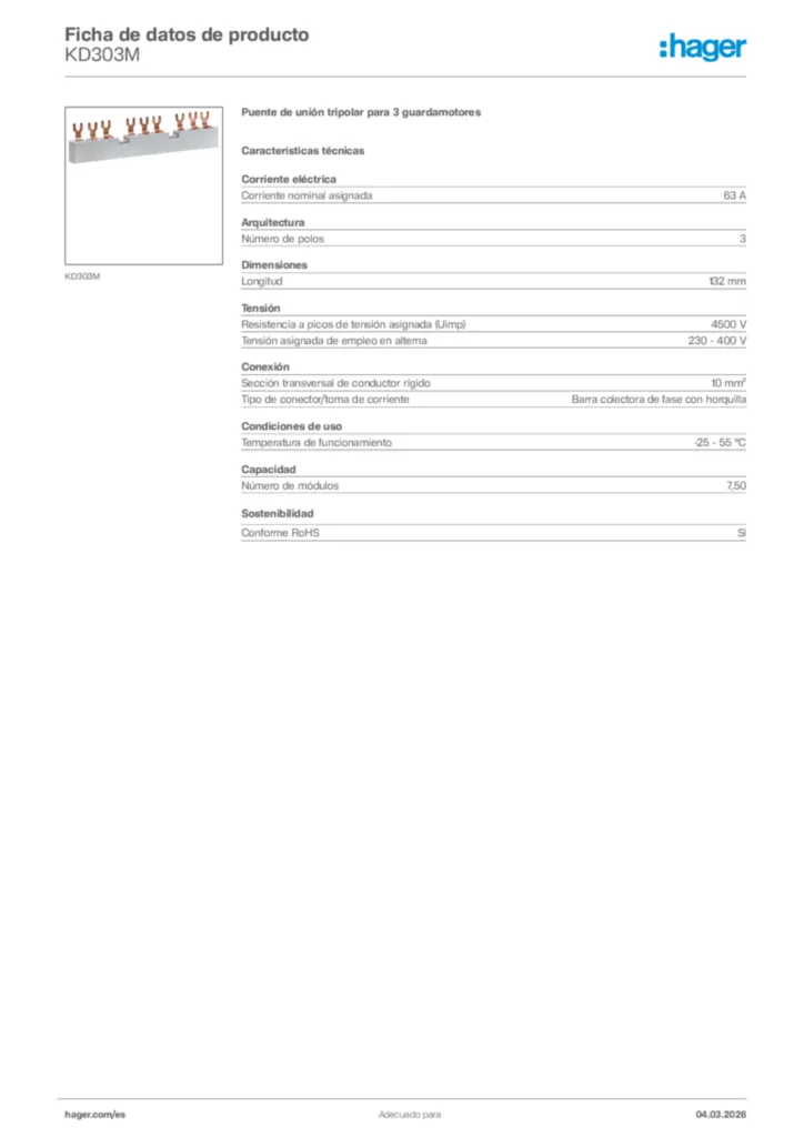 Imagen Hager Ficha de datos de producto KD303M | Hager España