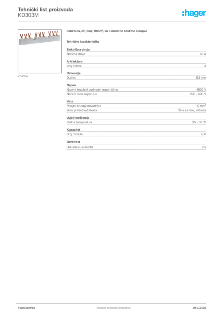 Slika Hager Product data sheet KD303M  | Hager