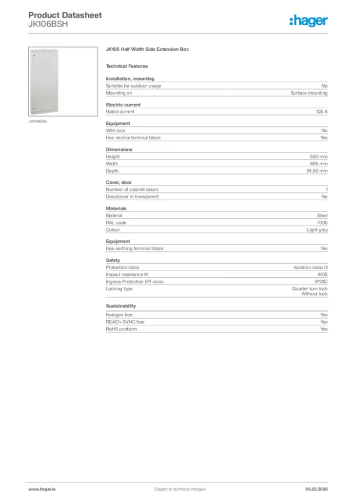 Image Hager Product data sheet JK106BSH  | Hager