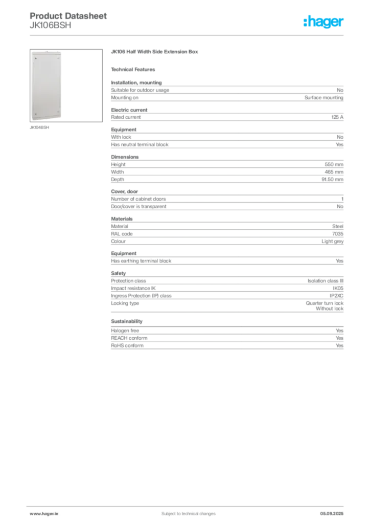 Image Hager Product data sheet JK106BSH  | Hager