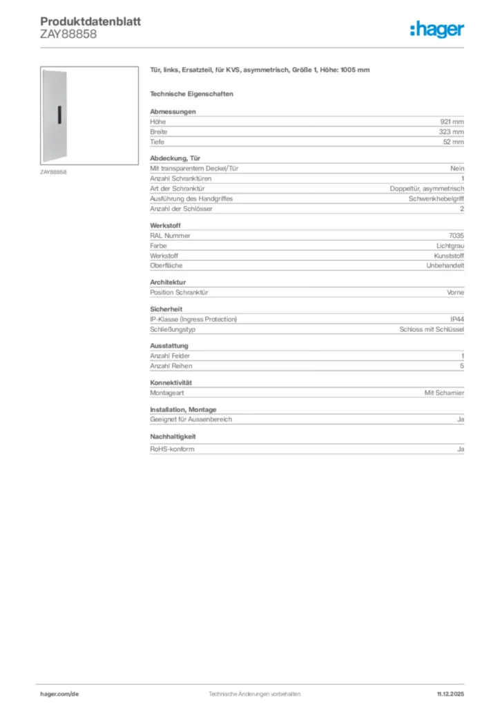 Bild Hager Produktdatenblatt ZAY88858 | Hager Deutschland