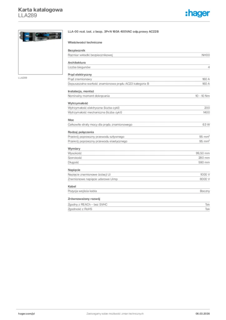Zdjęcie Hager Karta katalogowa LLA289 | Hager Polska