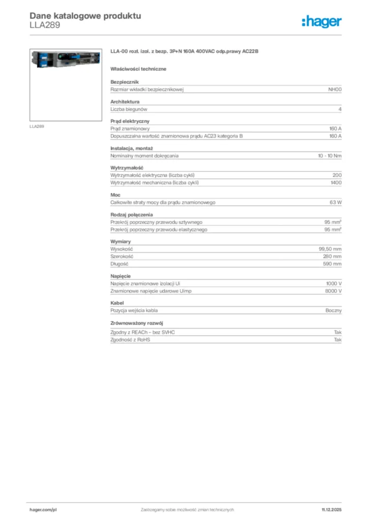 Zdjęcie Hager Dane katalogowe produktu LLA289 | Hager Polska