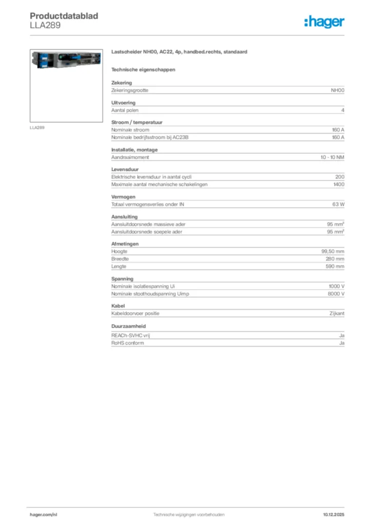 Afbeelding Hager Productdatablad LLA289 | Hager Nederland