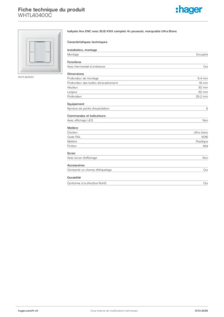 Image Hager Fiche technique du produit WHTL40400C | Hager Suisse