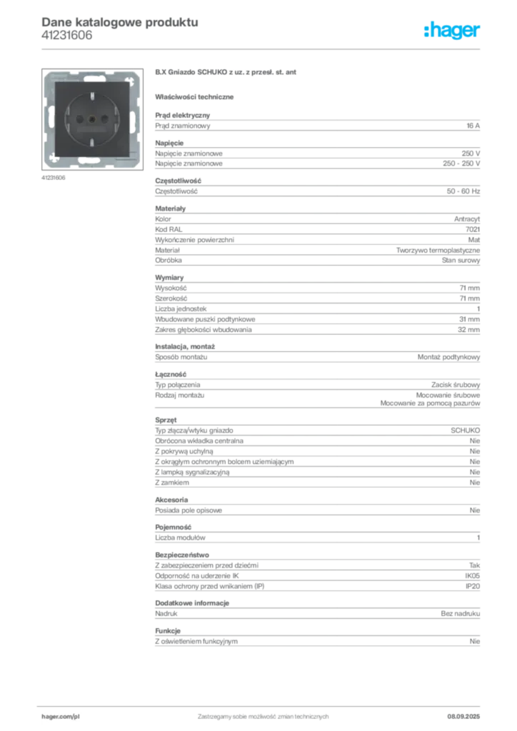 Zdjęcie Hager Dane katalogowe produktu 41231606 | Hager Polska