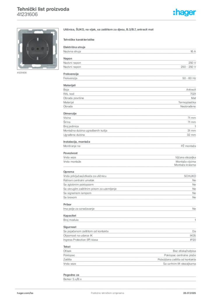 Slika Hager Product data sheet 41231606  | Hager