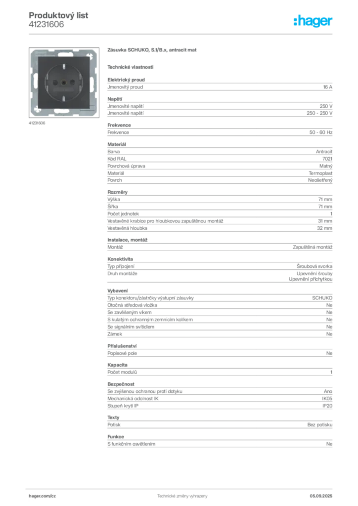 Obrázek Hager Produktový list 41231606 | Hager