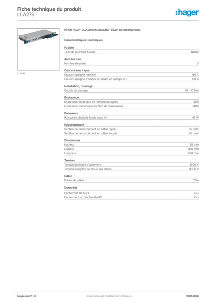 Image Hager Fiche technique du produit LLA276 | Hager Suisse