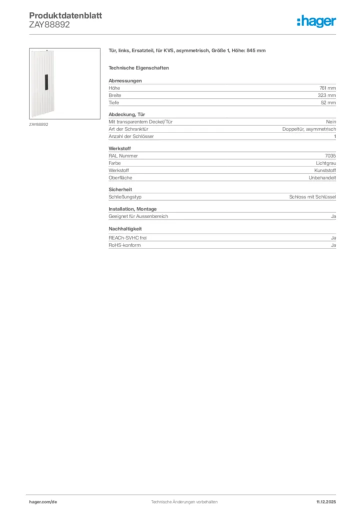 Bild Hager Produktdatenblatt ZAY88892 | Hager Deutschland