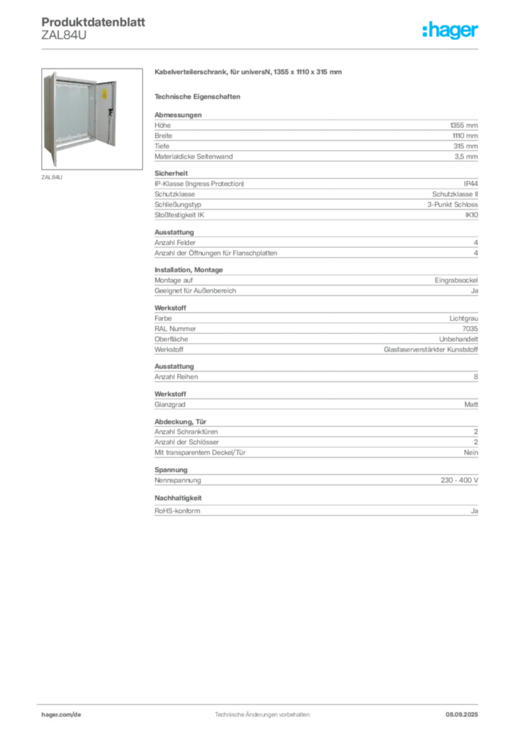 Hager Produktdatenblatt ZAL84U