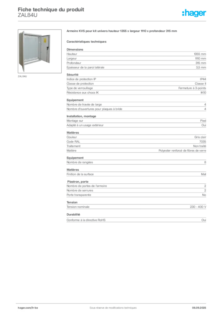 Image Hager Fiche technique du produit ZAL84U | Hager Belgique