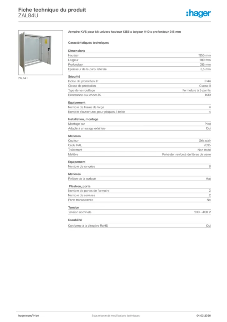 Image Hager Fiche technique du produit ZAL84U | Hager Belgique