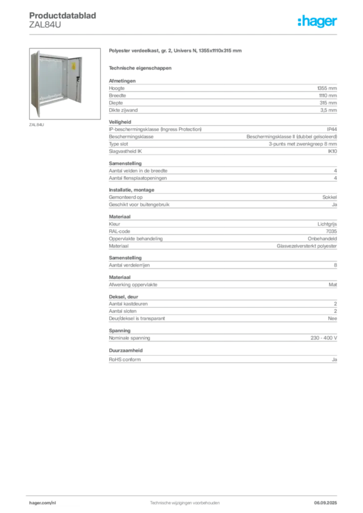 Afbeelding Hager Productdatablad ZAL84U | Hager Nederland