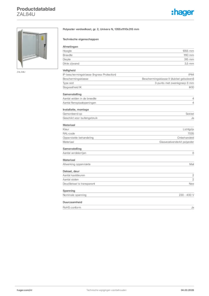 Afbeelding Hager Productdatablad ZAL84U | Hager Nederland
