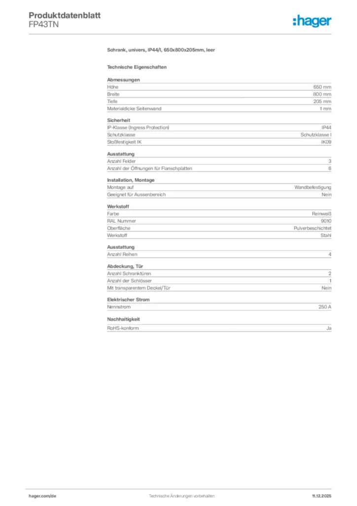 Bild Hager Produktdatenblatt FP43TN | Hager Deutschland