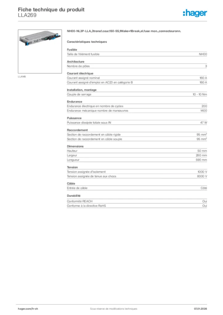 Image Hager Fiche technique du produit LLA269 | Hager Suisse