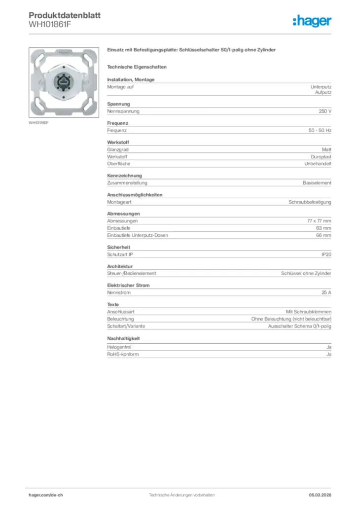 Bild Hager Produktdatenblatt WH101861F | Hager Schweiz