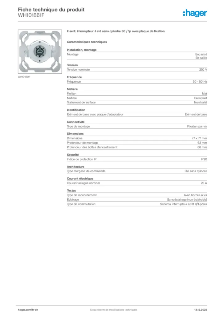 Image Hager Fiche technique du produit WH101861F | Hager Suisse
