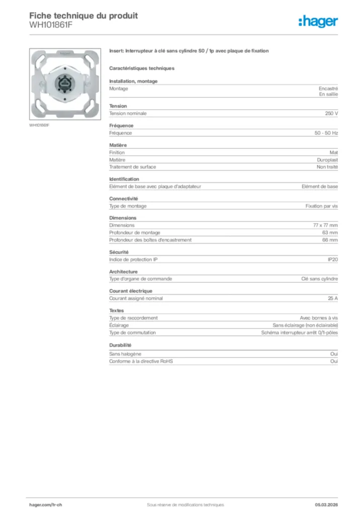 Image Hager Fiche technique du produit WH101861F | Hager Suisse