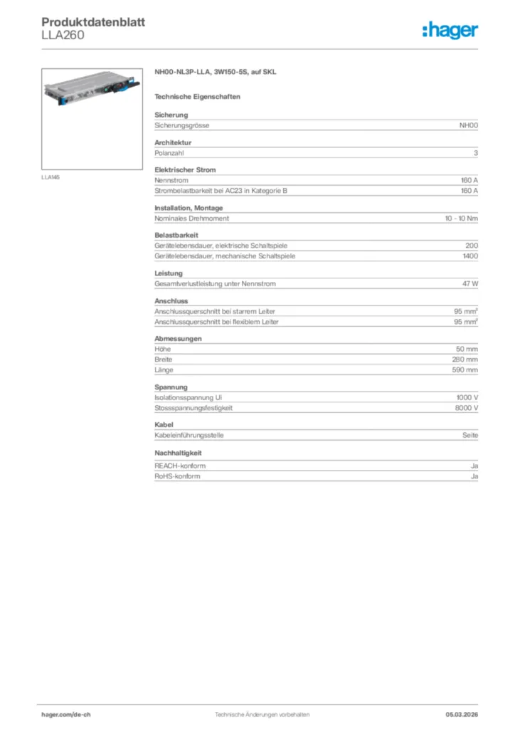 Bild Hager Produktdatenblatt LLA260 | Hager Schweiz
