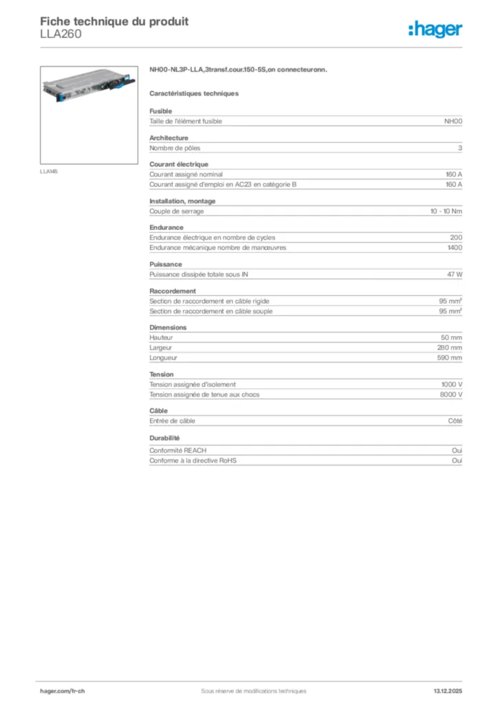 Image Hager Fiche technique du produit LLA260 | Hager Suisse