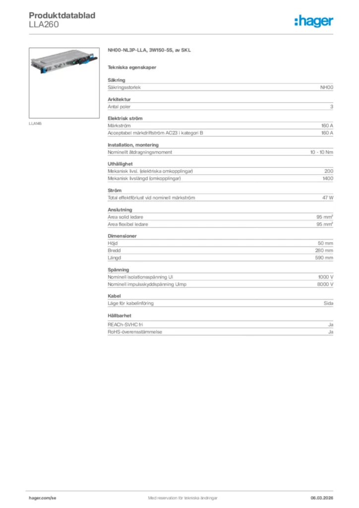 Bild Hager Produktdatablad LLA260 | Hager Sverige