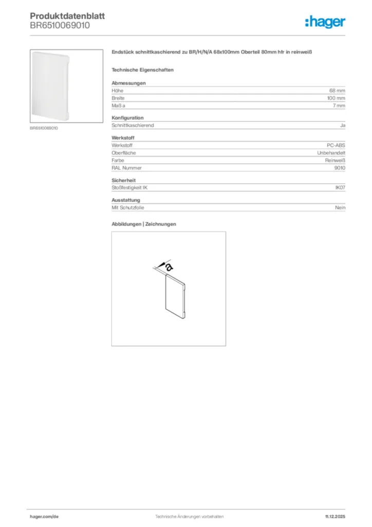 Bild Hager Produktdatenblatt BR6510069010 | Hager Deutschland