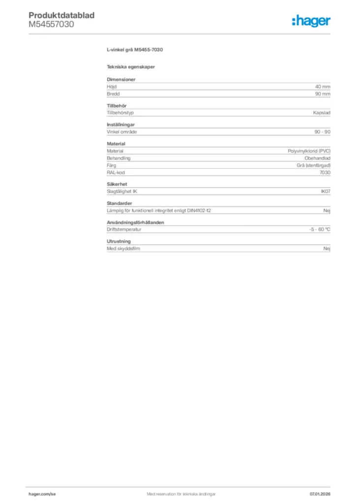 Bild Hager Produktdatablad M54557030 | Hager Sverige