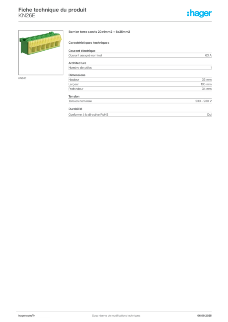 Image Hager Fiche technique du produit KN26E | Hager France
