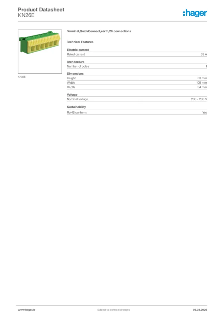 Image Hager Product data sheet KN26E  | Hager