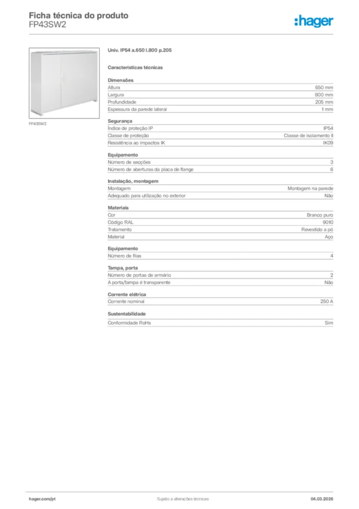 Imagem Hager Ficha técnica do produto FP43SW2 | Hager Portugal