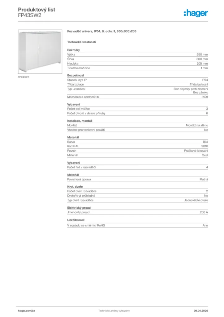 Obrázek Hager Product data sheet FP43SW2 | Hager
