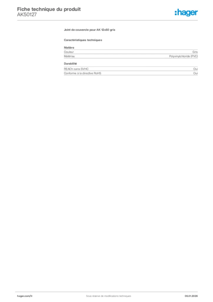 Image Hager Fiche technique du produit AK50127 | Hager France