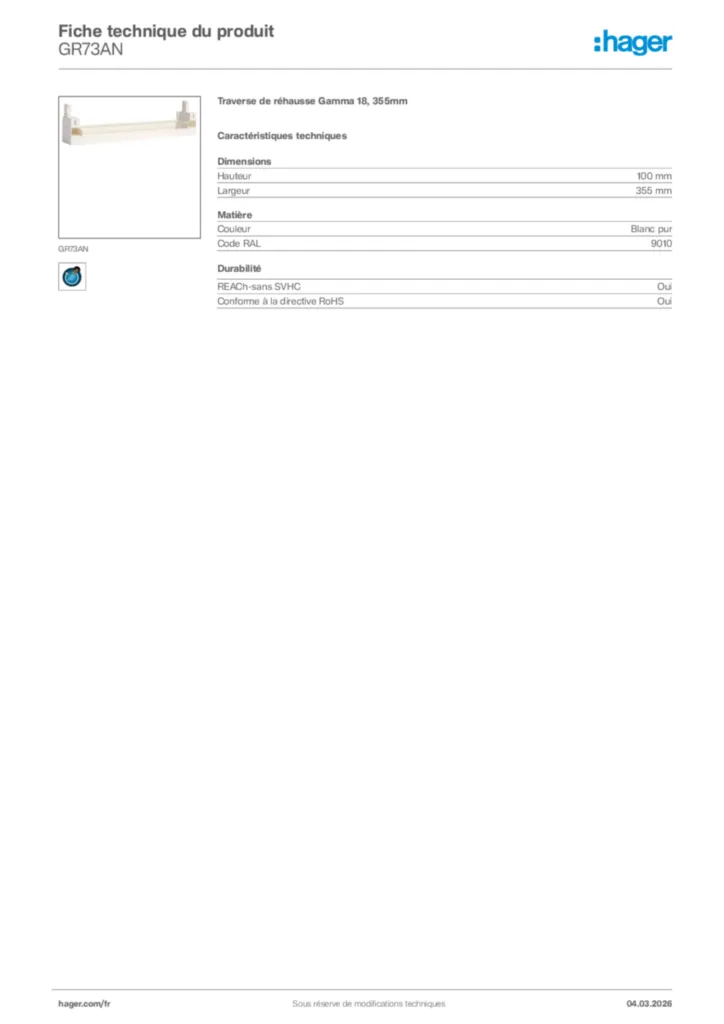 Image Hager Fiche technique du produit GR73AN | Hager France