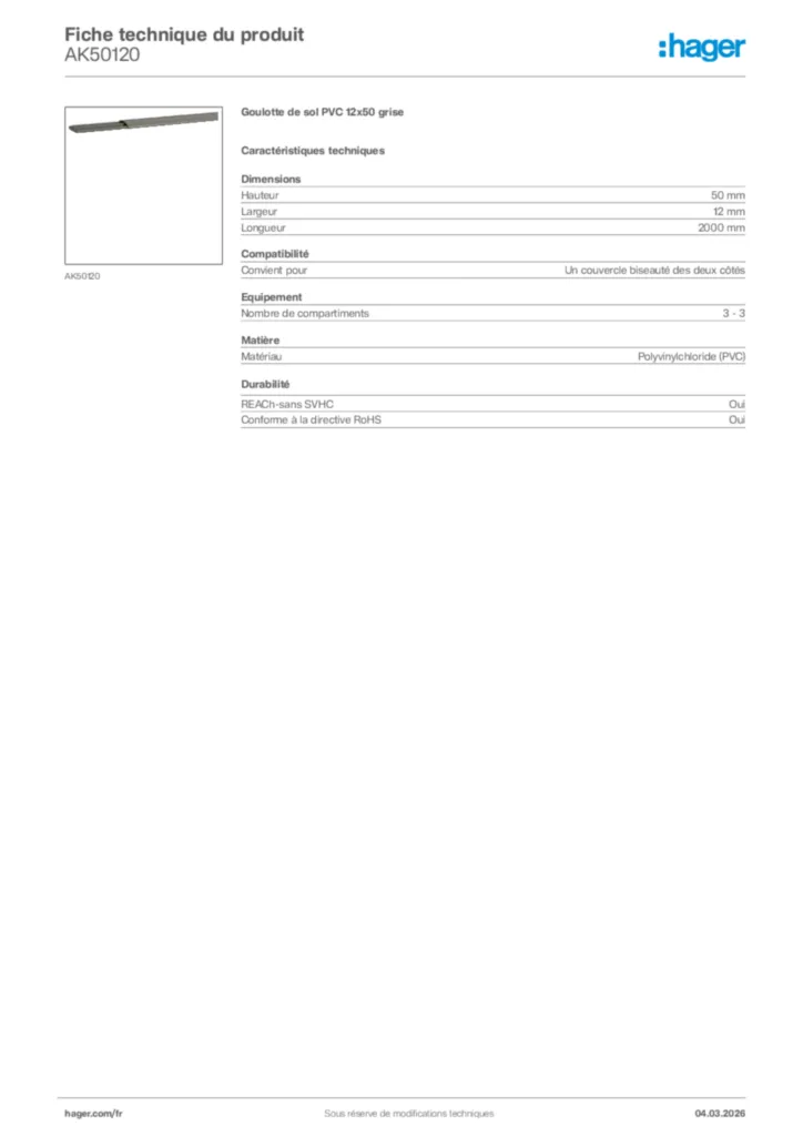 Image Hager Fiche technique du produit AK50120 | Hager France