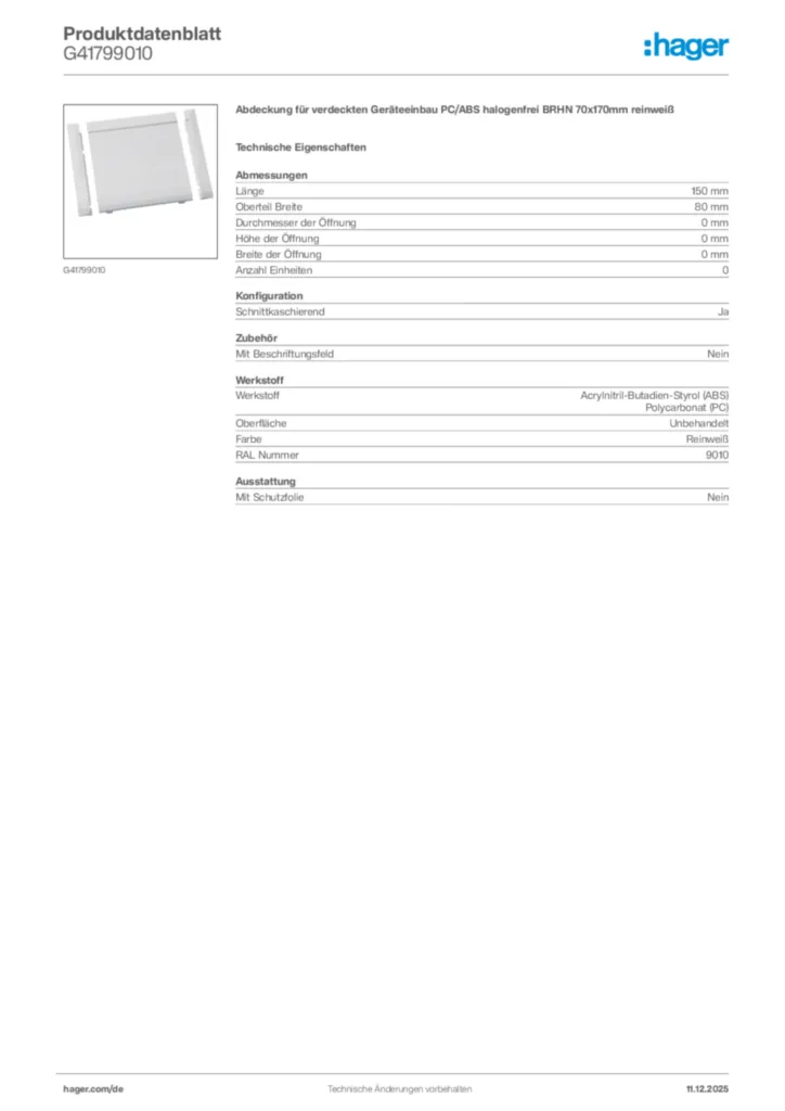 Bild Hager Produktdatenblatt G41799010 | Hager Deutschland