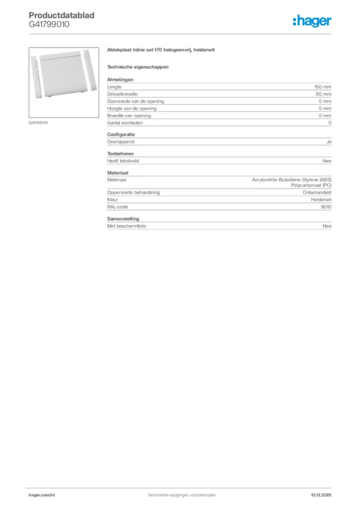 Afbeelding Hager Productdatablad G41799010 | Hager Nederland