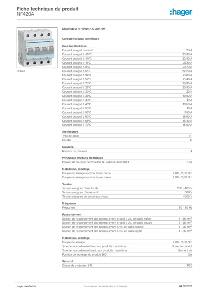 Image Hager Fiche technique du produit NF420A | Hager Afrique